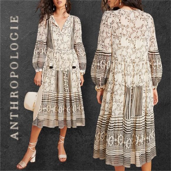 ANTHROPOLOGIE Women’s Talulah Tiered Midi Dress in the Size Small Neutral Motif - Picture 2 of 16